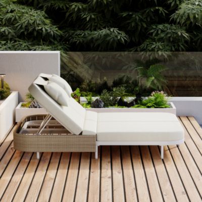TREXM Outdoor Daybed Patio Rattan Daybed 5 Position Adjustable Backrest Removable Cushions White Frame