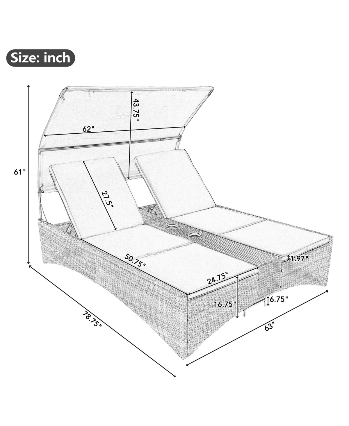 Outdoor Daybed Rattan Sun Lounger with Shelter Roof with Adjustable Backrest, Storage Box and 2 Cup Holders
