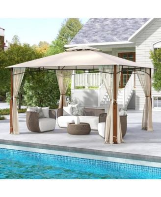 12 x 10 Feet Outdoor Patio Gazebo with Netting and 2-Tier Canopy Roof