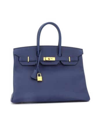 Бывшая в употреблении сумка Hermes Birkin 35 синего цвета с золотой фурнитурой