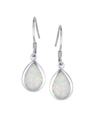 Small Teardrop Iridescent White Created Opal Drop Dangle Earrings .925 Sterling Silver French Wire