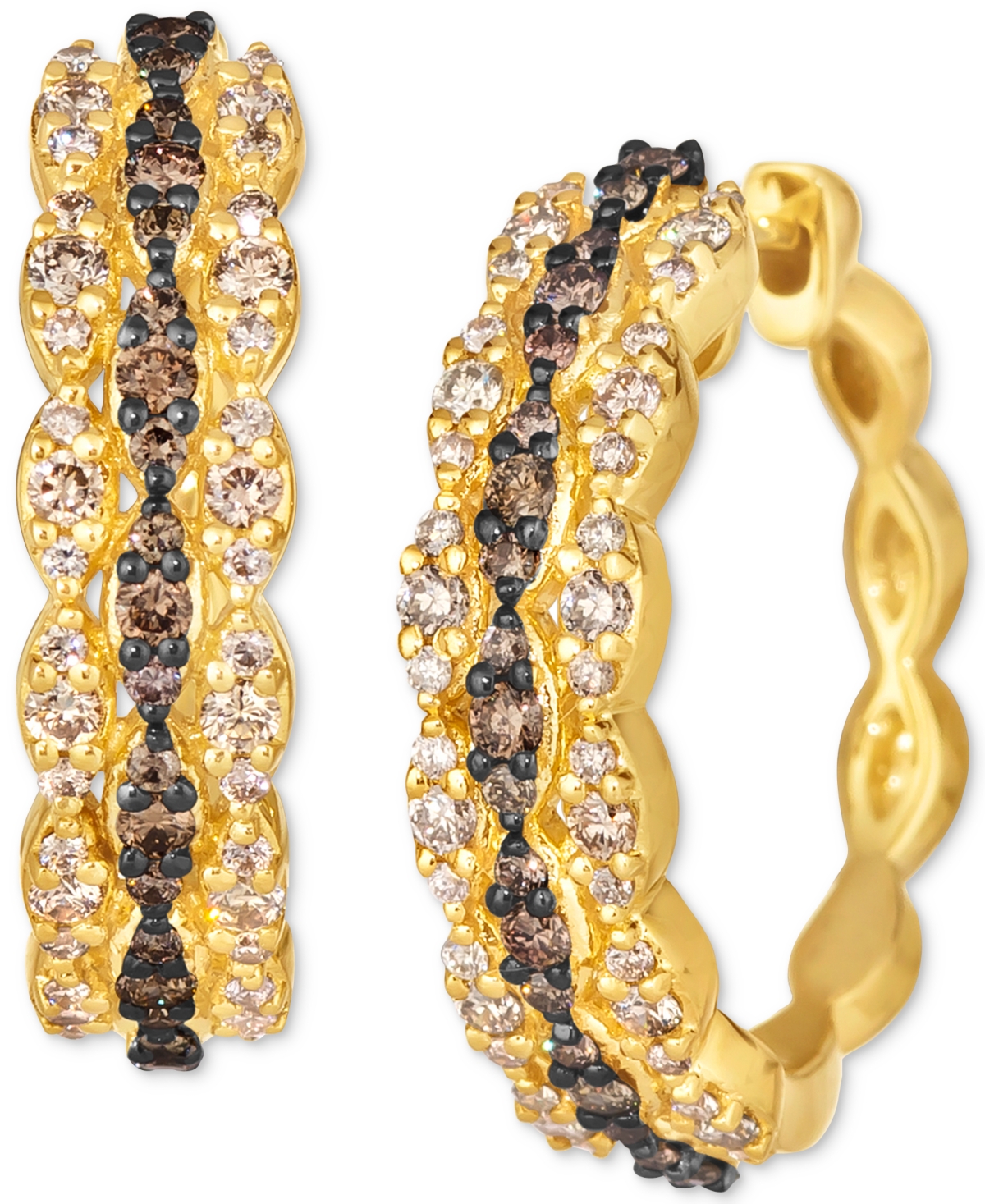 Nude Diamond & Chocolate Diamond Wavy Small Hoop Earrings (3/4 ct. t.w.) in 14k Gold, 0.79" - Yellow Gold