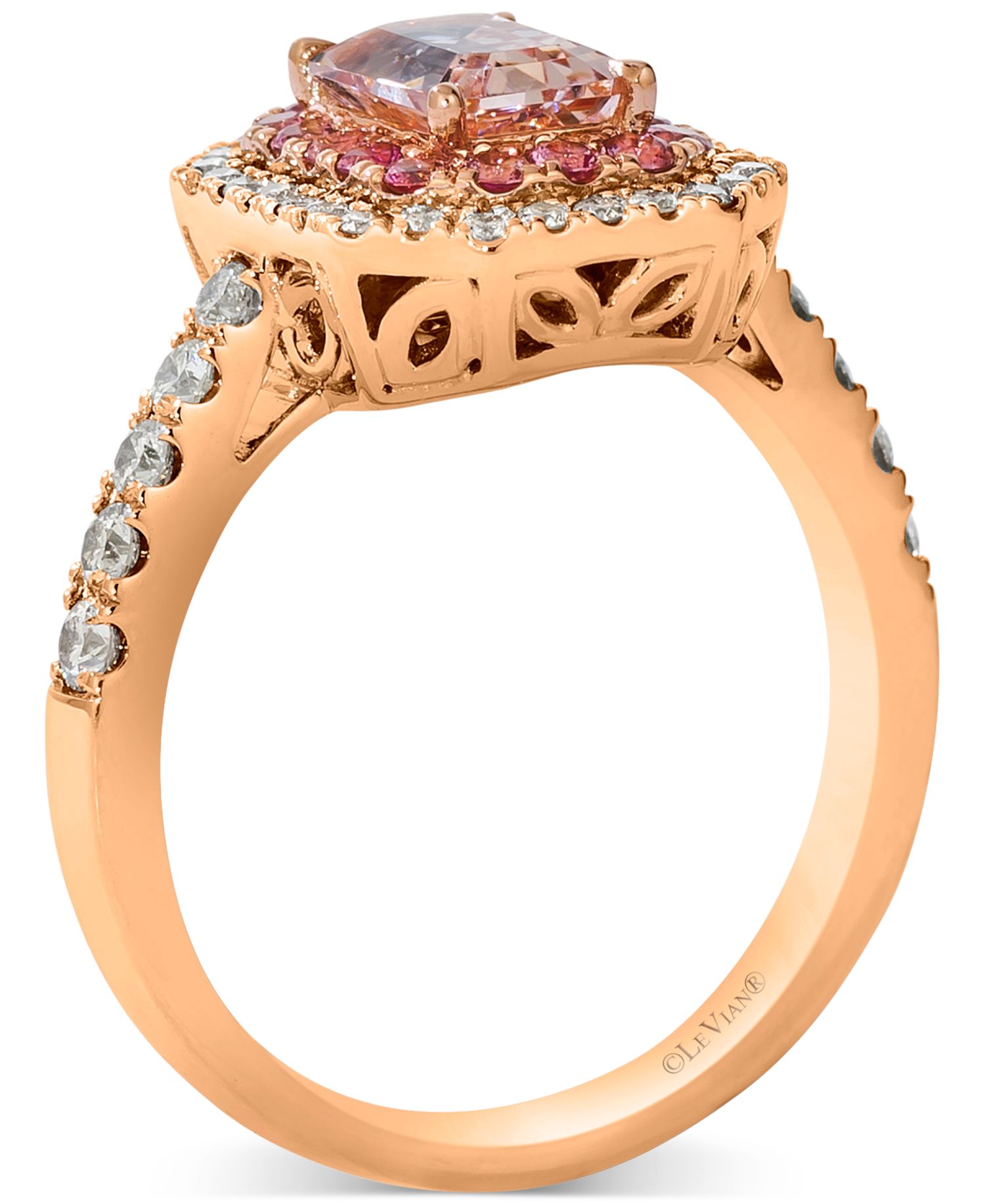 Peach Morganite (1 ct. t.w.), Passion Fruit Tourmaline (1/3 ct. t.w.), & Nude Diamond (3/8 ct. t.w.) Halo Ring in 14k Rose Gold