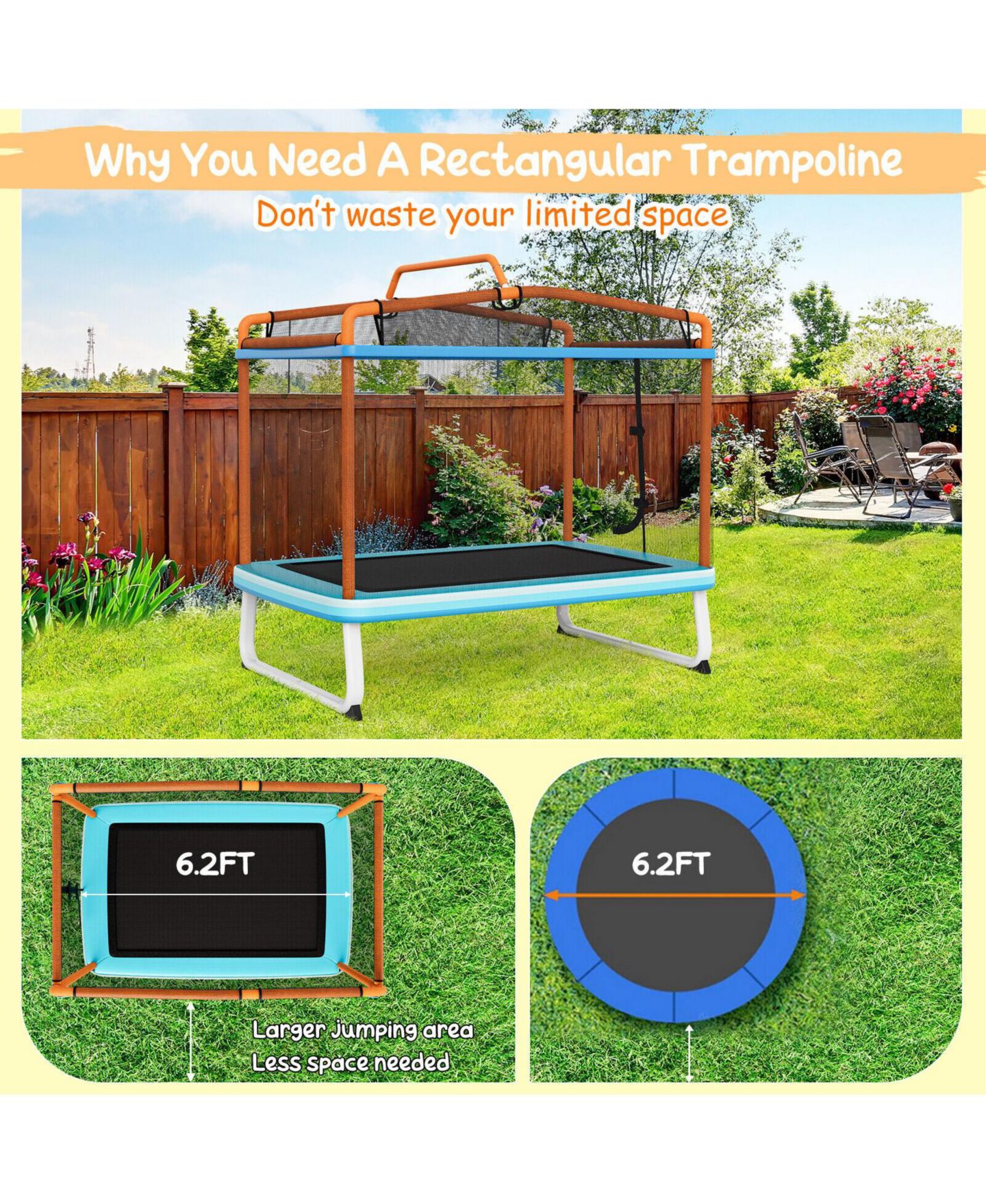 Детская игрушка Mecale 6 Feet Rectangle Trampoline with Swing Horizontal Bar and Safety Net, цвет: Оранжевый — фото 4