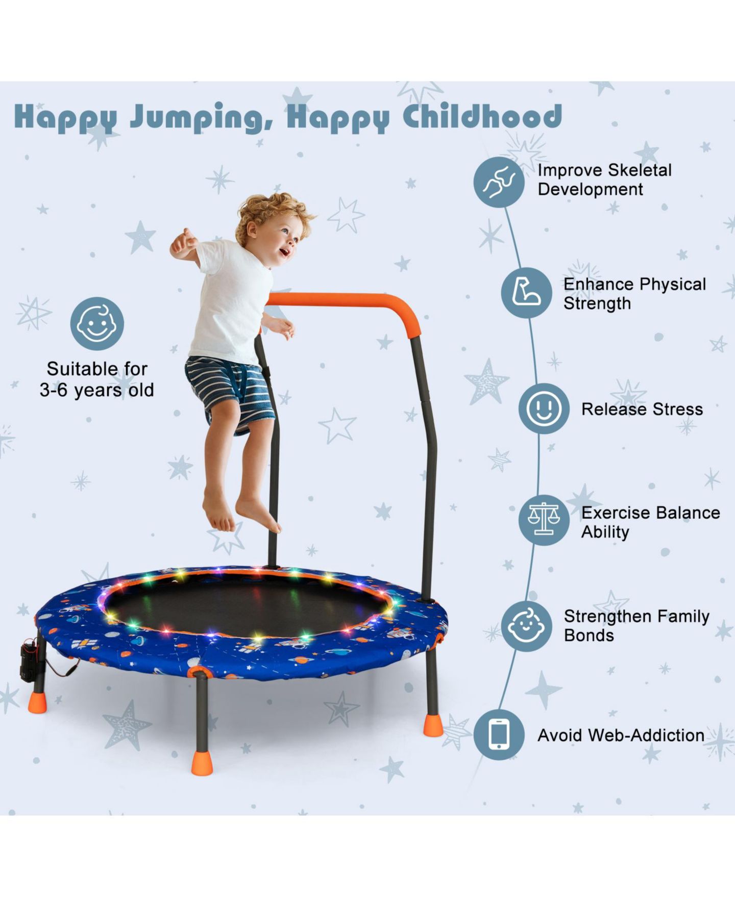 Детская игрушка Mecale 36 Inch Mini Trampoline with Colorful LED Lights and Bluetooth Speaker, цвет: Чёрный — фото 7