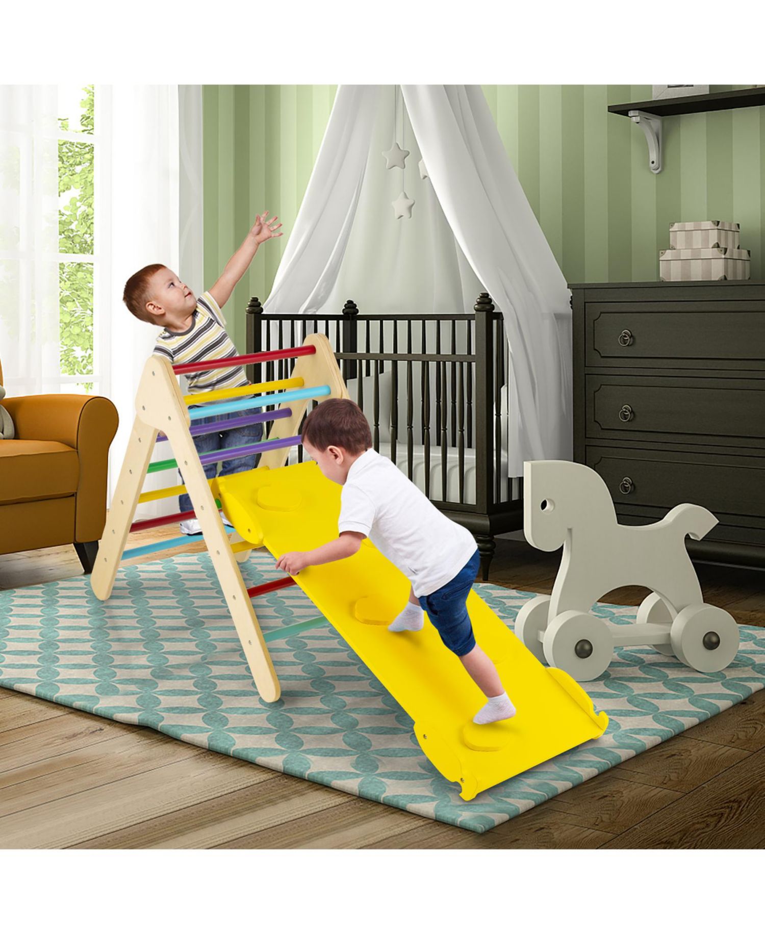 Ages 1+ 3-in-1 Wooden Adjustable Climbing Triangle and Ramp, 2-Piece Set