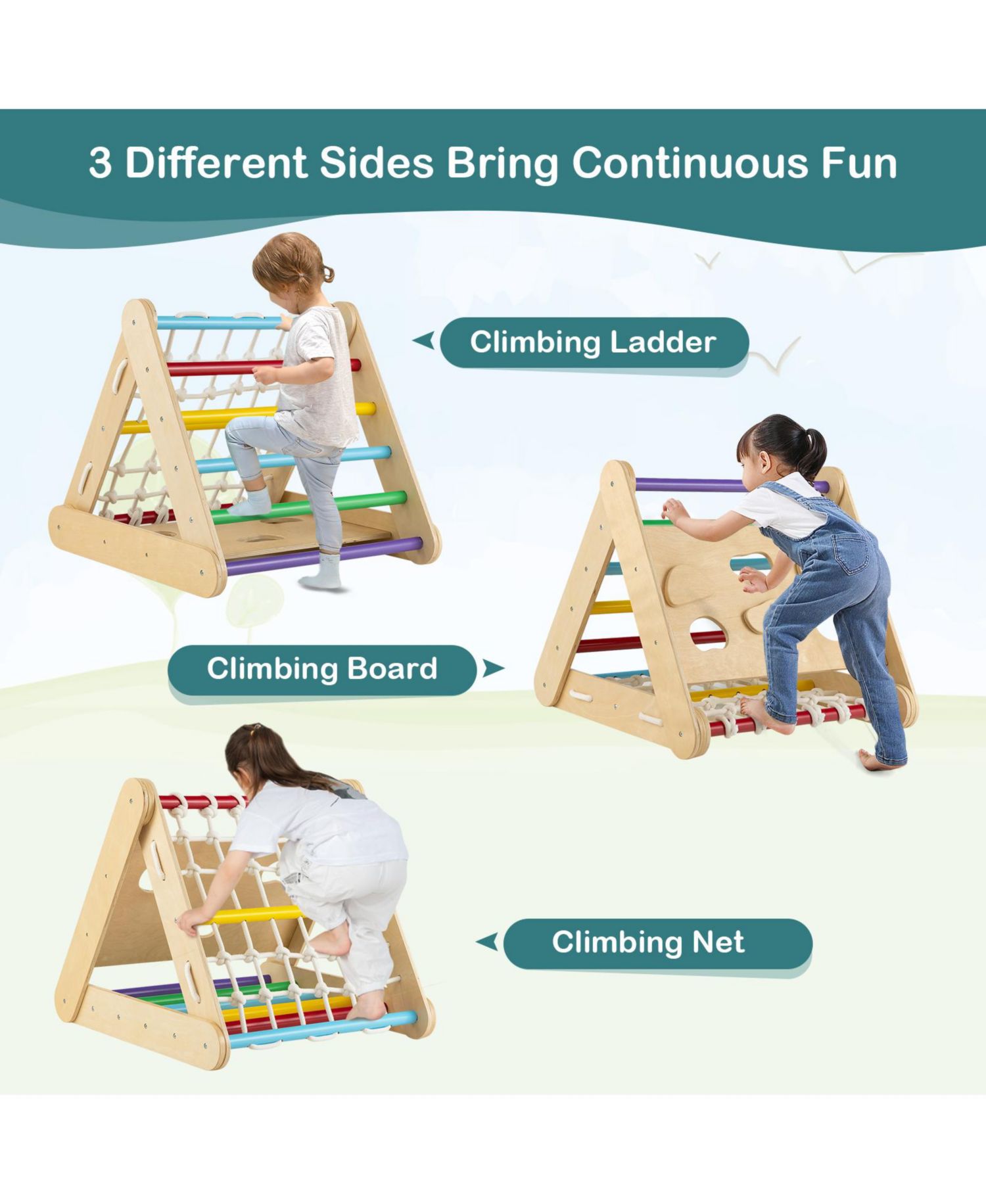3-Side Triangle Climber with Sliding Board and Climbing Net
