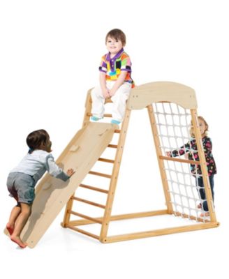 6-in-1 Jungle Gym Wooden Indoor Playground with Double-Sided Ramp and Monkey Bars