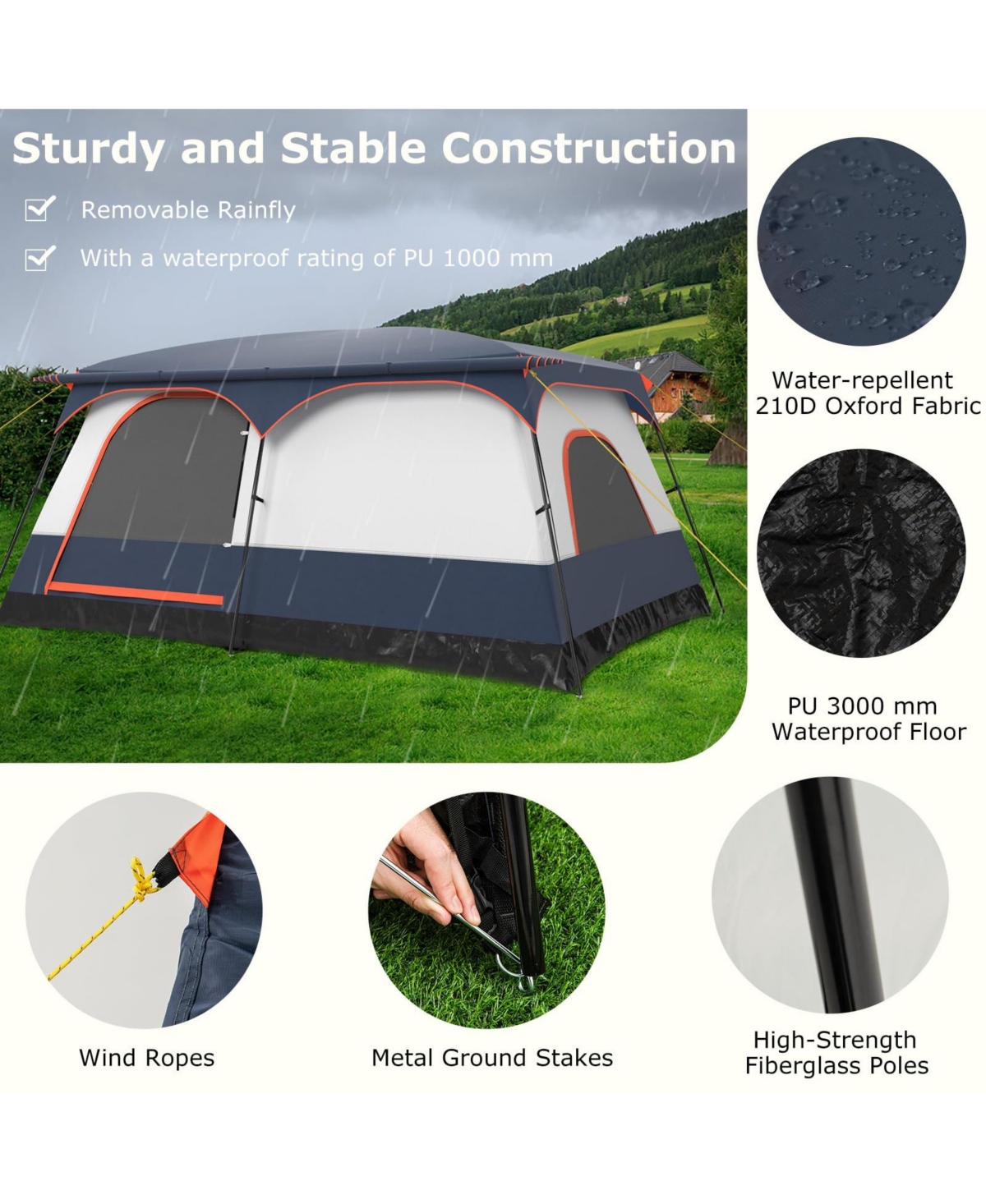 8-10 Person Camping Tent with Double Rooms and 2 Doors