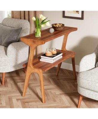 Narrow End Table for Living Room, 2-Tier Slim Sofa Side Table with Solid Wood Legs, Bedside Table, Nightstand for Bedroom
