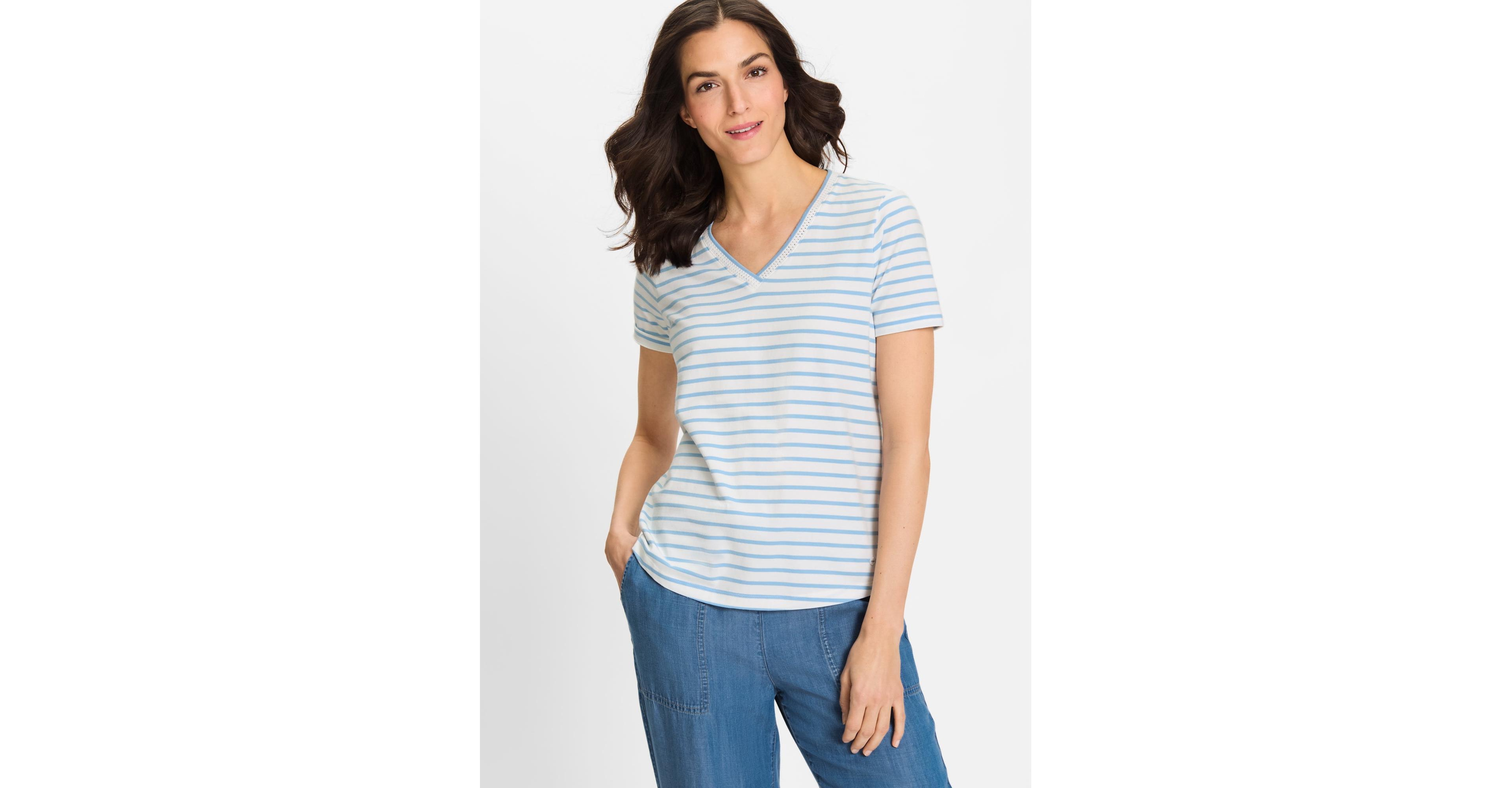 Olsen Women's Striped Embroidered Trim V-Neck Tee