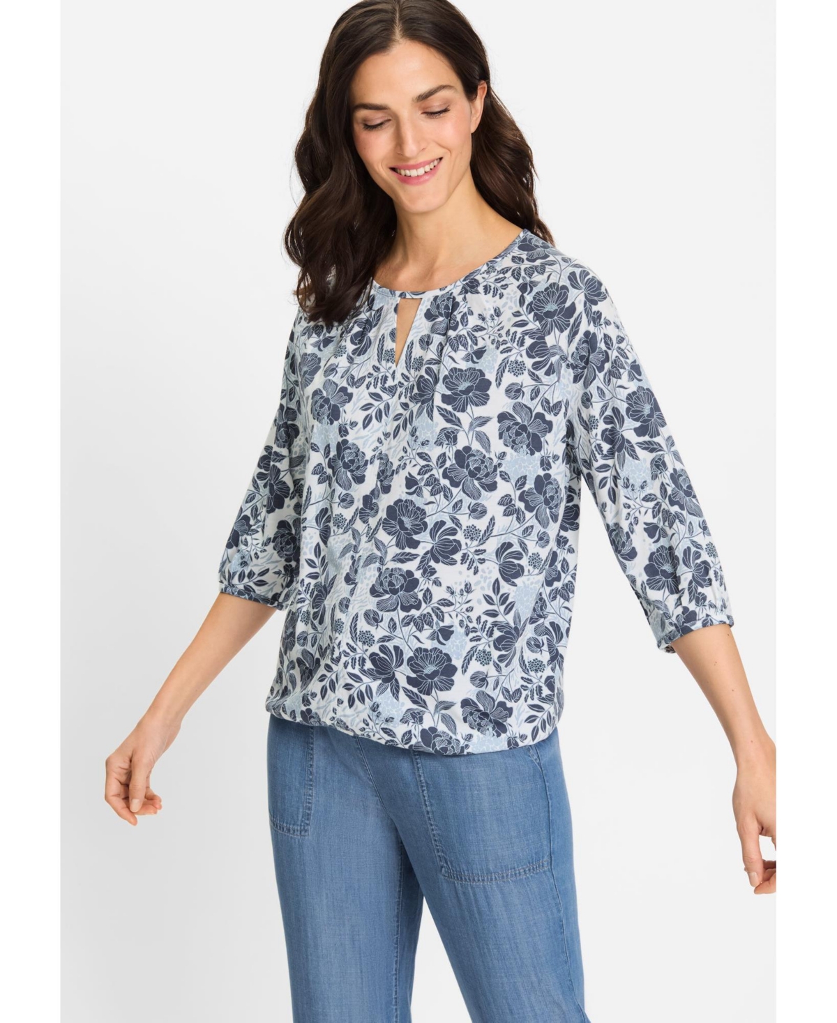 Women's Prairie Floral Keyhole Neck T-Shirt - Indigo denim