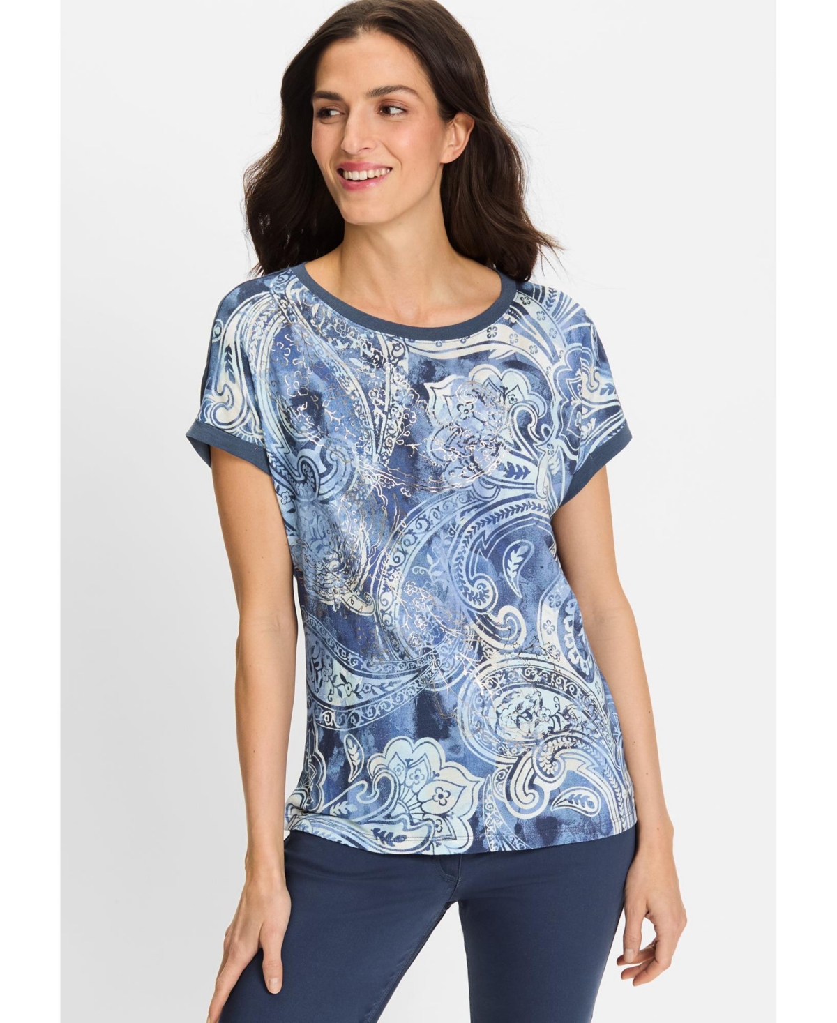 Women's Paisley and Foil Print T-Shirt - Indigo denim