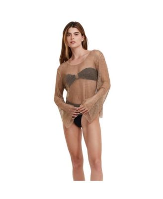 Women's Rhinestone Lattice Long Sleeve Cover Up