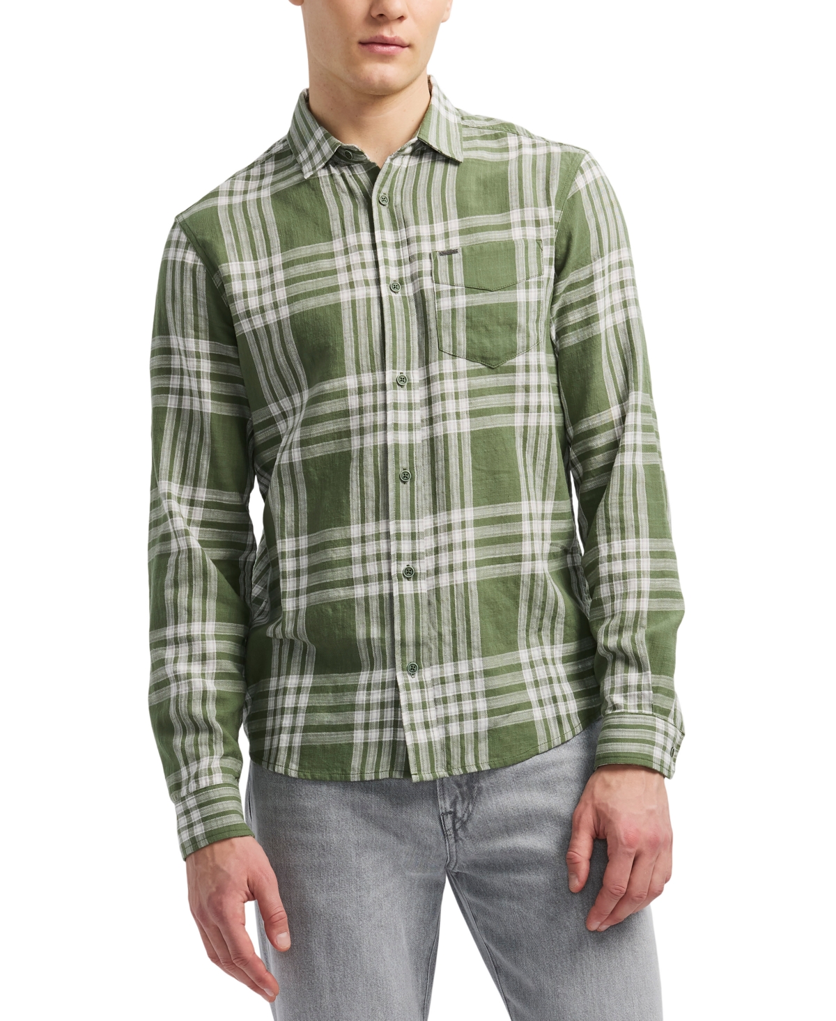 Men's Saroz Long Sleeve Plaid Button-Front Shirt - Hedge Green