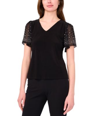 MSK - Petite V-Neck Combo Short-Sleeve Evening Top