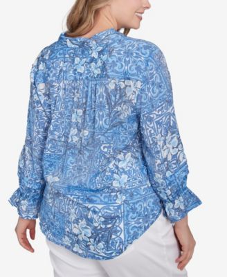 Plus Size Silky Floral Tile Button Tie Front Top