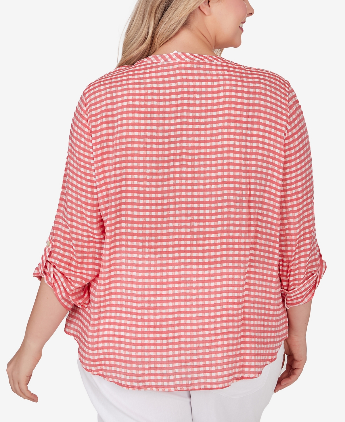 Ruby Rd. Plus Size Gingham Silky Henley Crew Neck Top