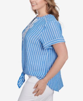 Plus Size Yarn Dye Stripe Embellished Tie Front Top