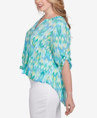 Plus Size Paradise Ikat Button Tie Front Top