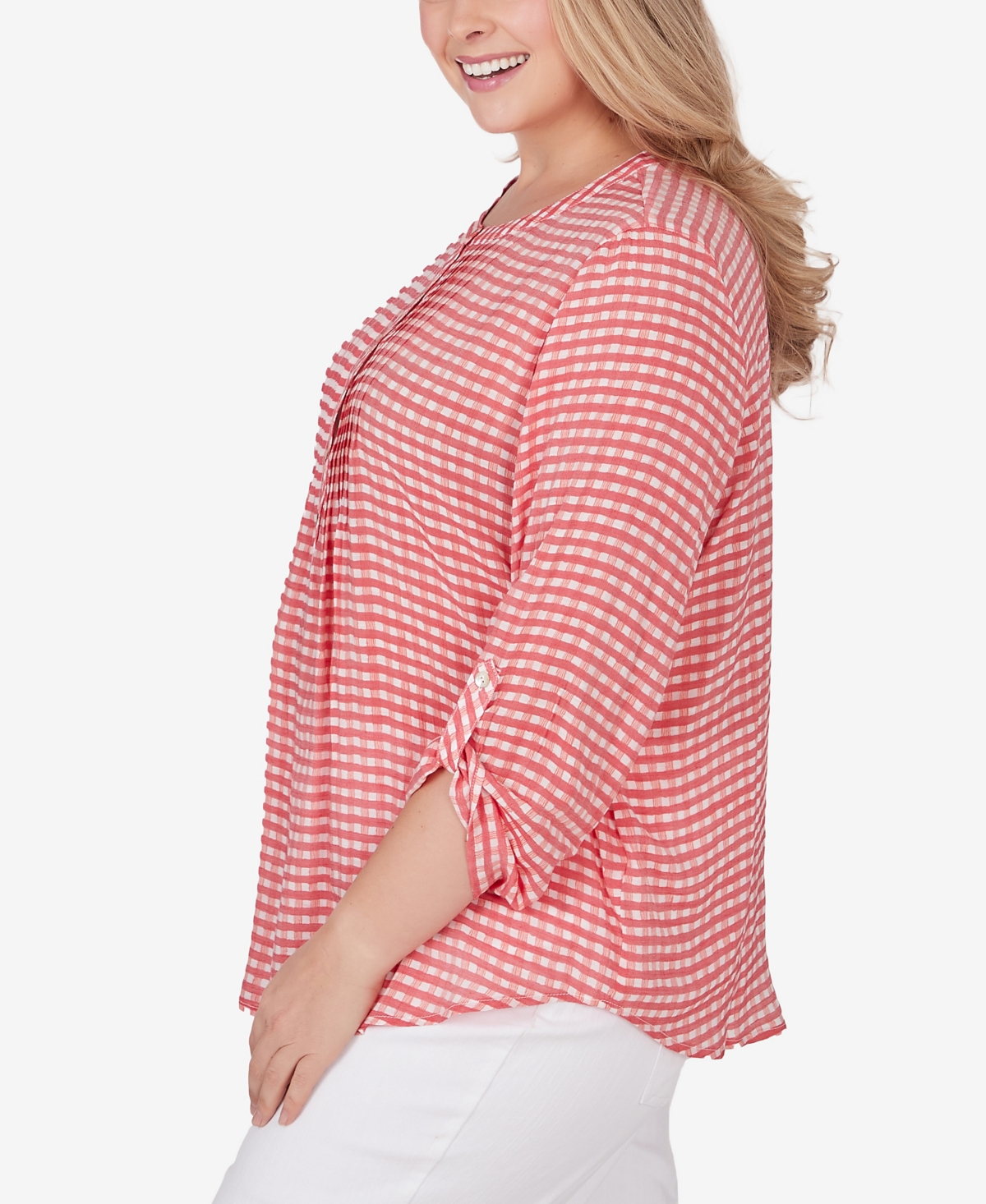 Ruby Rd. Plus Size Gingham Silky Henley Crew Neck Top