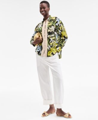 Women's Leaf-Print Crochet-Trim Shirt, Exclusively at Macy's