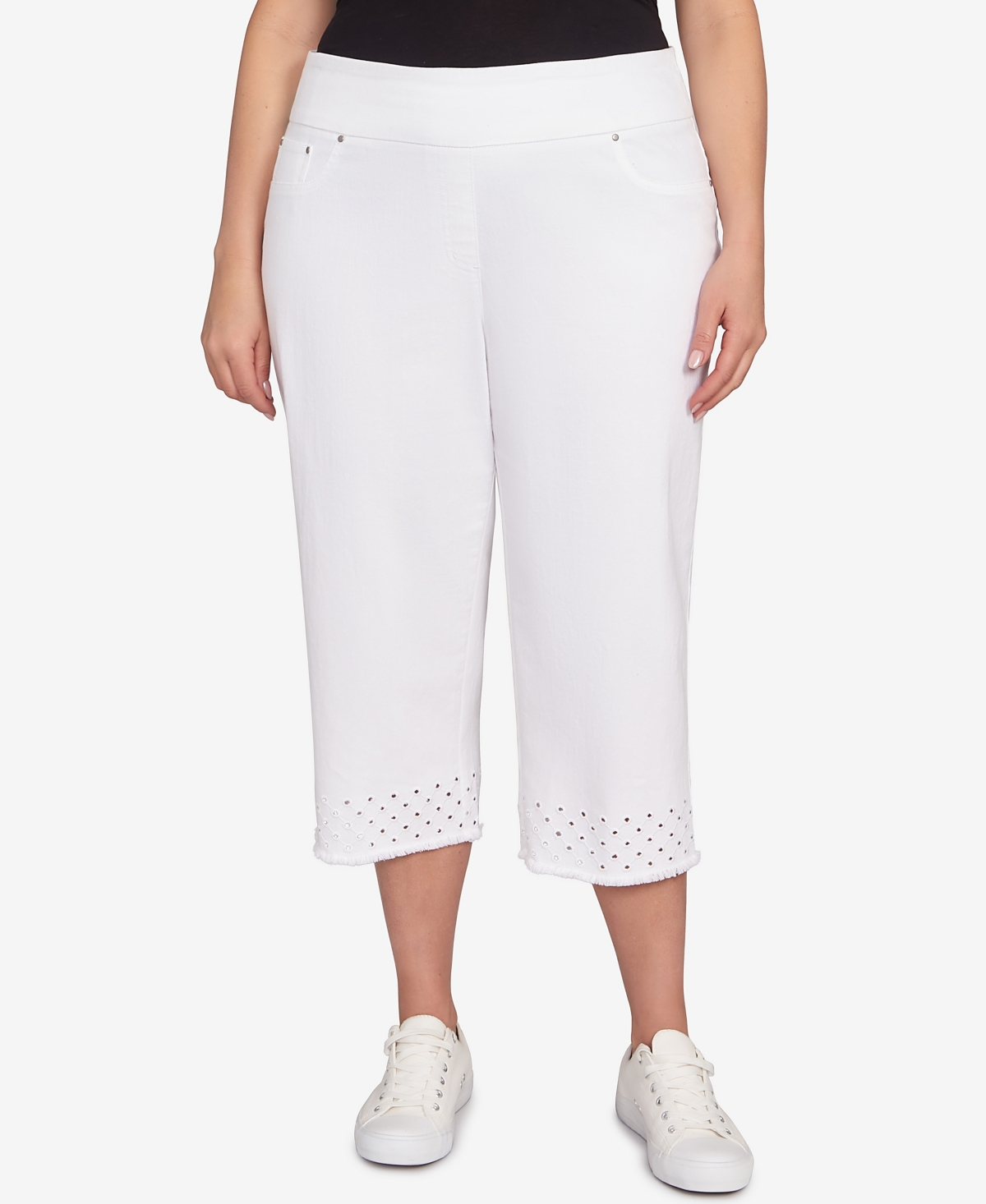 Ruby Rd. Plus Size Embroidered Hem Soft Stretch Denim Capri Pants