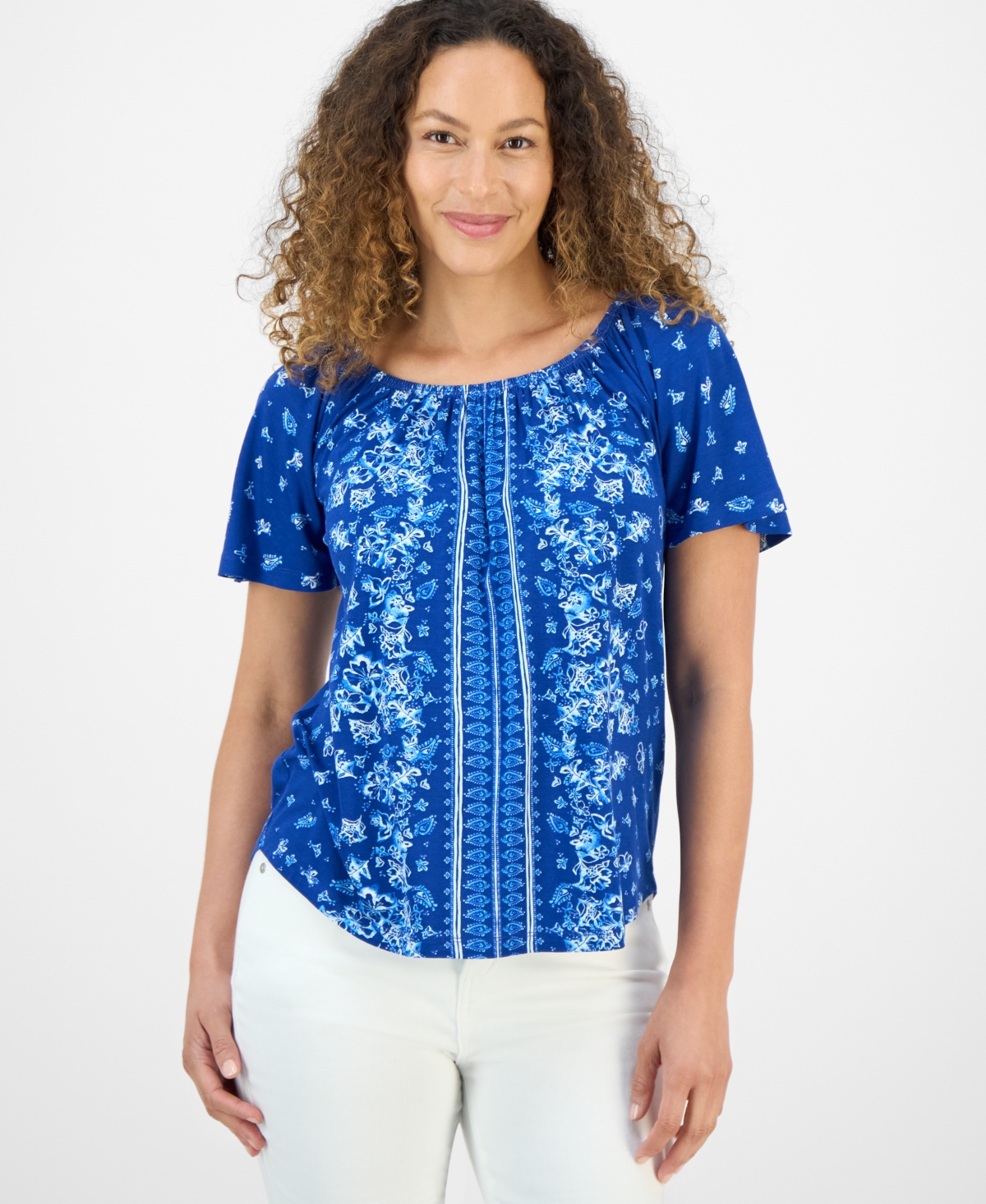 Petite Floral-Print Top, Exclusively at Macy's - Abyss Blue Combo