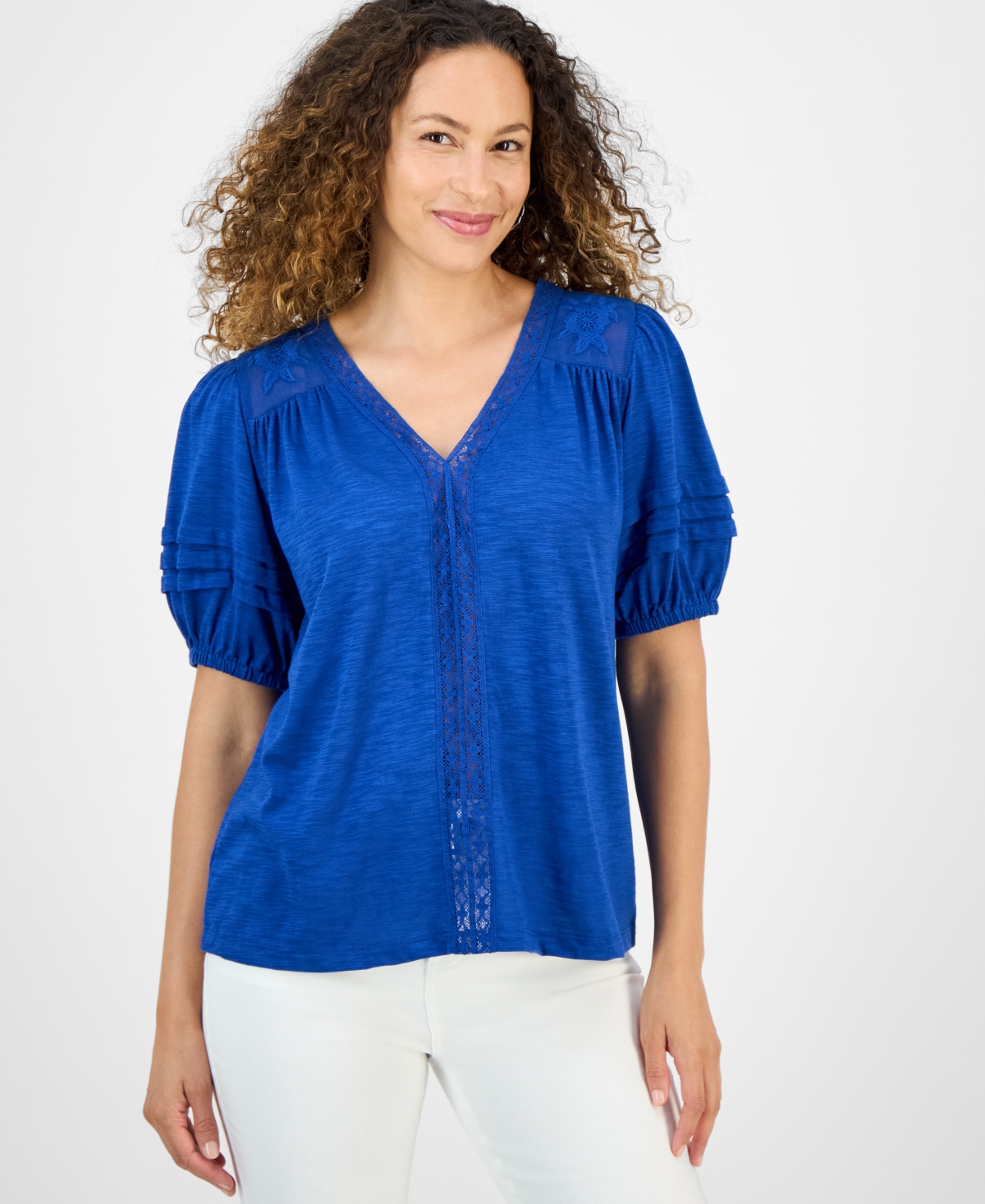 Petite Mixed Trim Top, Exclusively at Macy's - Abyss Blue