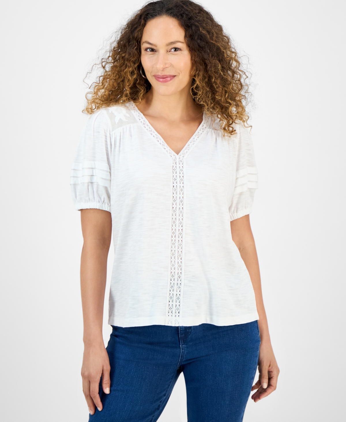 Petite Mixed Trim Top, Exclusively at Macy's - Abyss Blue