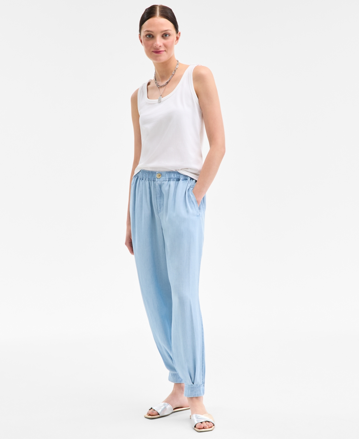 Women's Chambray Balloon Pants, Exclusively at Macy's - Light Spring Wash