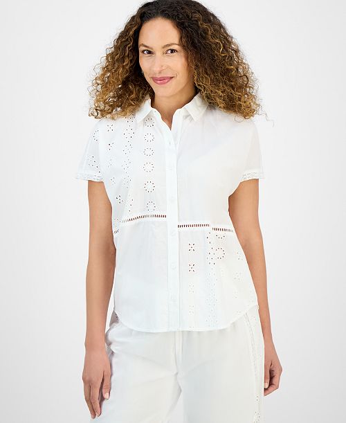 alfani Style & Co Petite Eyelet-Detail Cotton Camp Shirt Exclusively at Macy's Women's Fashion Shoes & Accessories