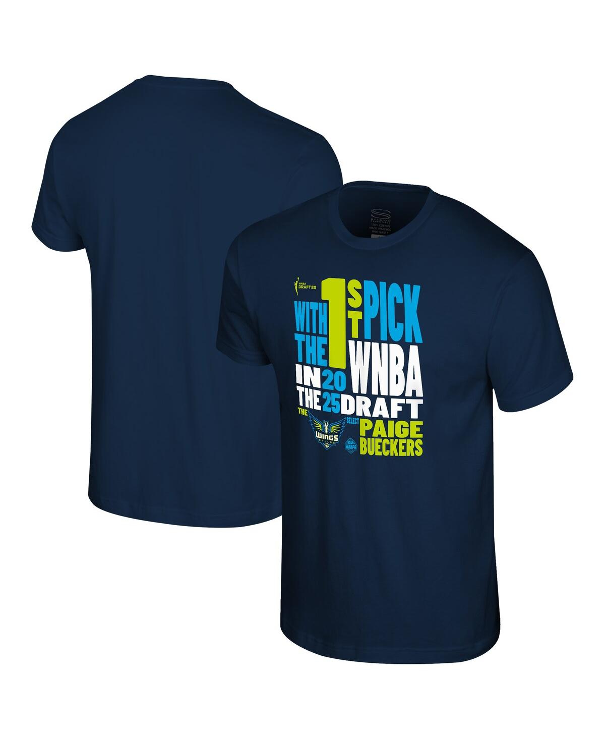 STADIUM ESSENTIALS MEN'S AND WOMEN'SÂ PAIGE BUECKERS NAVY DALLAS WINGS 2025 WNBA DRAFT 1ST OVERALL PICK VERBIAGE T-SHIR 