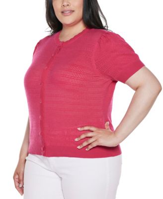 Plus Size Pointelle Scalloped-Placket Cardigan Sweater