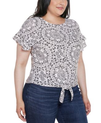 Plus Size Printed Eyelet Tie-Front Knit Top