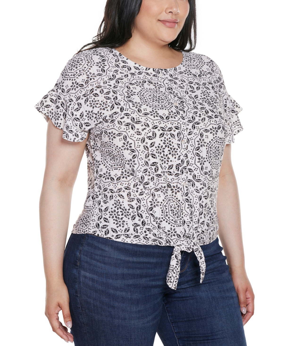 BELLDINI PLUS SIZE PRINTED EYELET TIE-FRONT KNIT TOP 