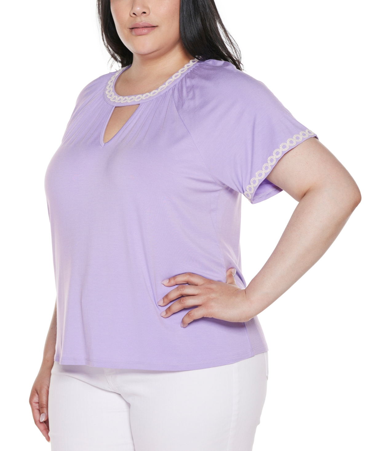 Shop Belldini Plus Size Crochet-trim Short Sleeve Knit Top