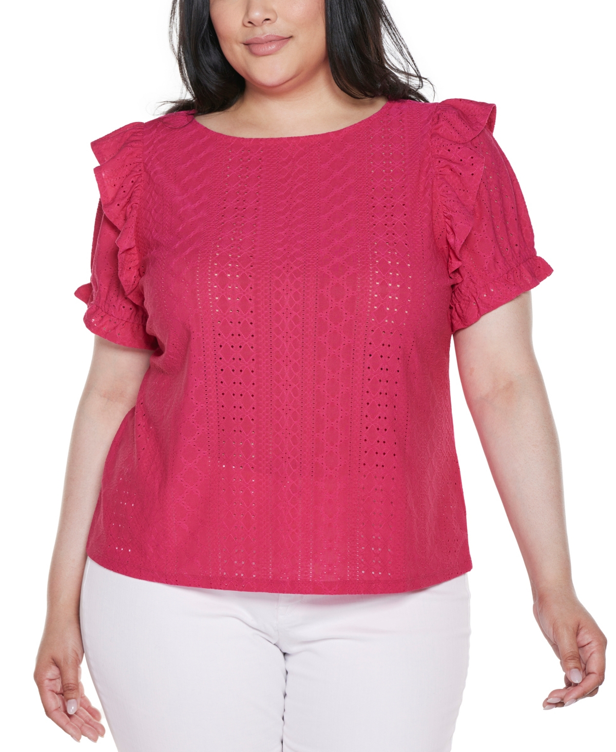 Plus Size Knit Eyelet Ruffle Sleeve Top - Pomegranate Punch