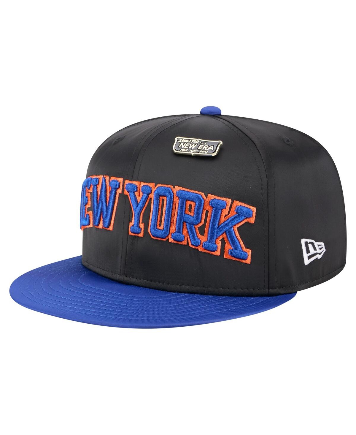 New Era Men's Black/blue New York Knicks Throwback Satin Vintage Pin Two-tone 59fifty Fitted Hat