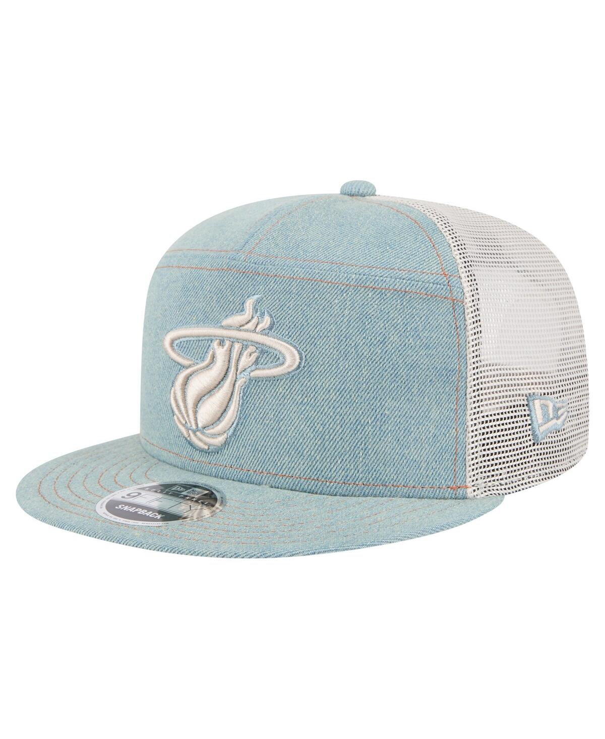 NEW ERA MEN'S MIAMI HEAT ADVENTURE DENIM SPLIT PANEL 9FIFTY SNAPBACK TRUCKER HAT 