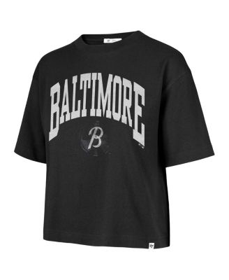 Женская укороченная футболка Baltimore Orioles City Connect Shale черного цвета от бренда '47, с открытыми плечами