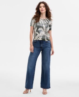 Womens Sequin Printed Short Sleeve Sweater High Rise Wide Leg Jeans