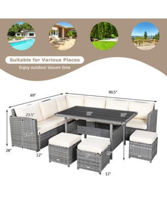 7PCS Rattan Patio Sectional Sofa Set Conversation Set w/ White Cushions