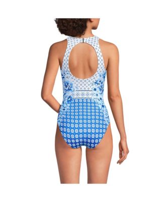 Женский цельный купальник Lands' End с длинным рукавом и высоким вырезом на спине с портретом