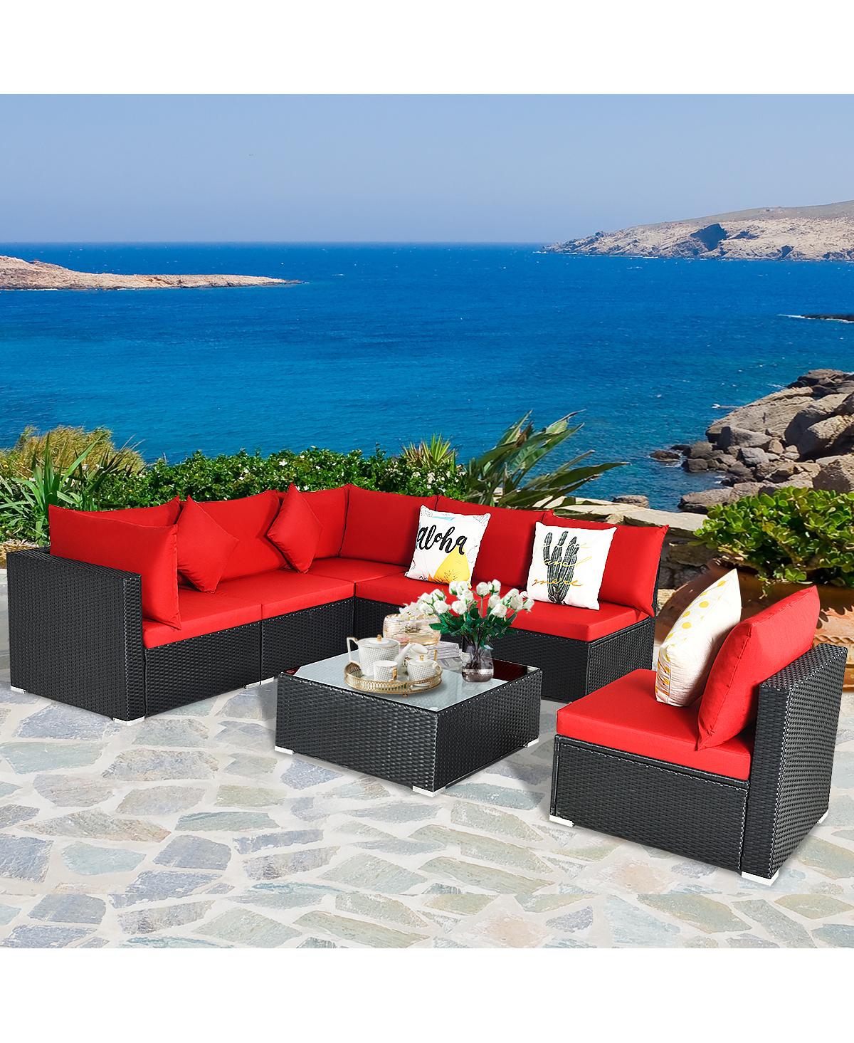 Gymax 7PCS Rattan Patio Conversation Set Sectional Furniture Set w/ Red Cushion