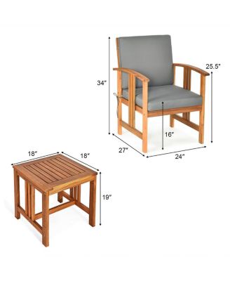 3PCS Outdoor Patio Sofa Furniture Set Solid Wood Cushioned Conversation Set Grey