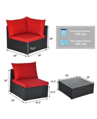 7PCS Rattan Patio Conversation Set Sectional Furniture Set w/ Red Cushion