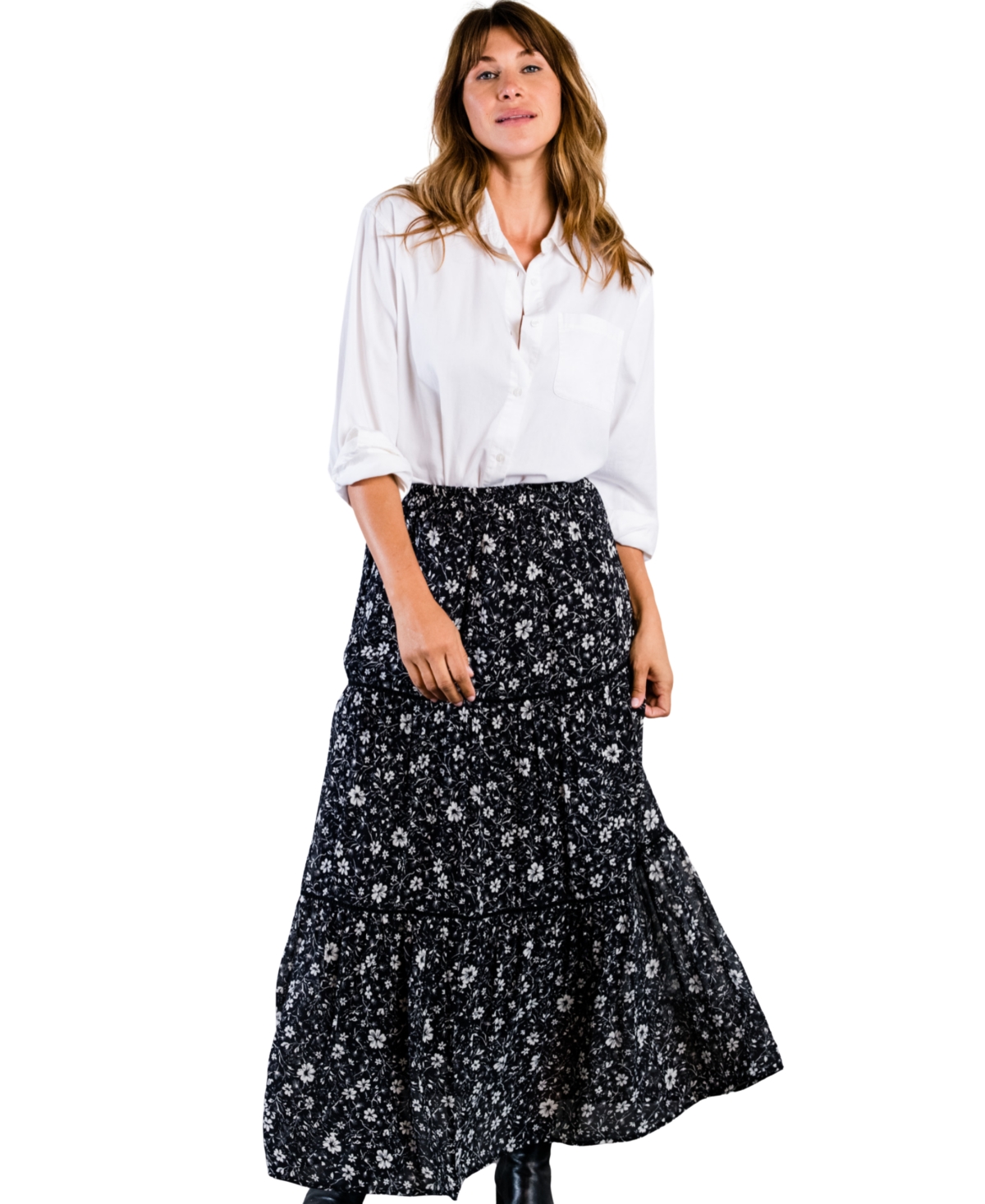 Women's Erin Tiered Maxi Skirt - Black/white floral