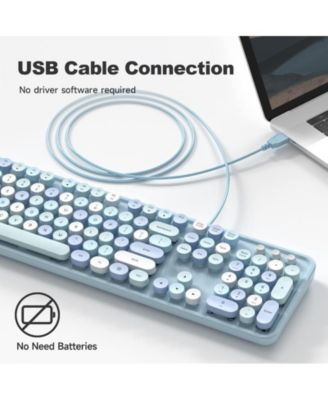 Computer Keyboard Wired, Plug and Play USB Retro Round Typewriter Keyboard, Full Size Wired Keyboard with Foldable Stands for Laptop and Office PC- Purple Colorful