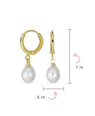 Classic Simple Yellow Gold Plated White Freshwater Cultured Pearl Pear Shape Teardrop Mini Hoop Huggie Drop Earrings